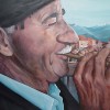 'Dawn at Chania'. Oil on canvas. Available in the Shop area of the site. 110x 160 cm oil painting of a Cretan man playing the flogera.