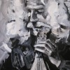 Black and white acrylic painting of Lyra player Ross Daly at the Labyrinth Workshop 60x50 cms  July 2010.